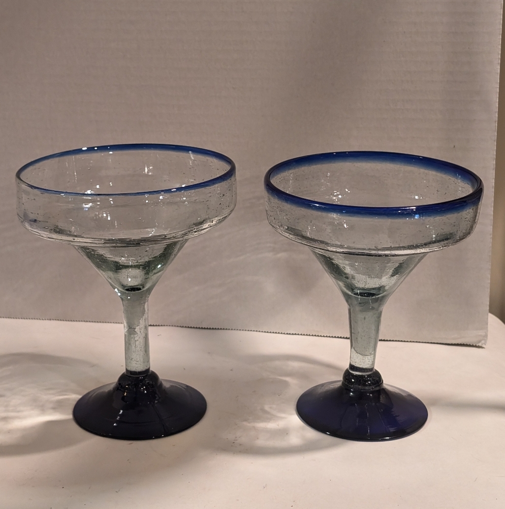 Mexican Hand Blown Margarita Glass - Cobalt Blue Rim and Base. Set of 2